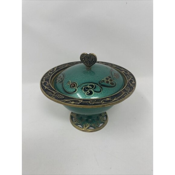 Vintage Israeli Turquoise & Brass Decorative Bowl w/ Lid Heart Handle - Picture 1 of 8